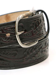 Gingerich 8614-28 Mens Hand Tooled Leather Belt Black Cherry buckle close up. If you need any assistance with this item or the purchase of this item please call us at five six one seven four eight eight eight zero one Monday through Saturday 10:00a.m EST to 8:00 p.m EST