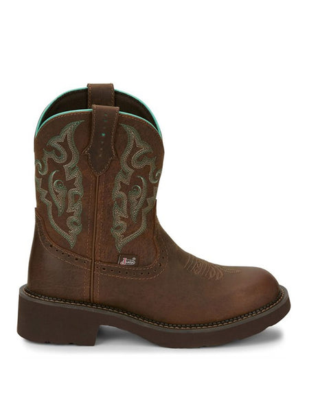 Justin GY9606 Womens Western Boot Chocolate Brown side view. If you need any assistance with this item or the purchase of this item please call us at five six one seven four eight eight eight zero one Monday through Saturday 10:00a.m EST to 8:00 p.m EST