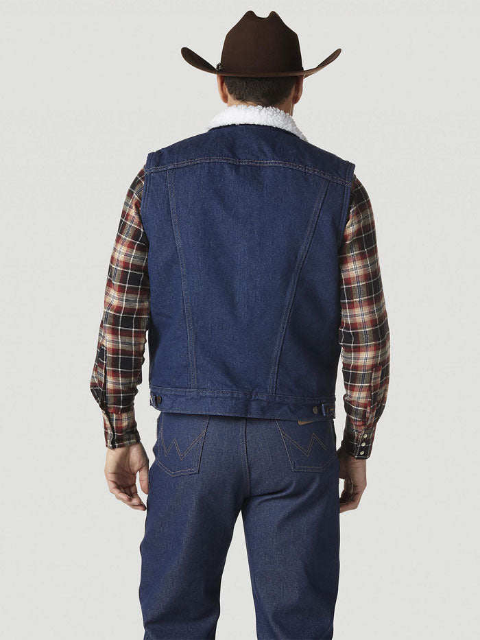 Wrangler 74131PW Mens Sherpa Lined Denim Vest Prewashed front view. If you need any assistance with this item or the purchase of this item please call us at five six one seven four eight eight eight zero one Monday through Saturday 10:00a.m EST to 8:00 p.m EST