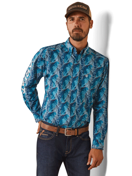 Ariat 10043874 Mens Team Hugh Fitted Shirt Teal front view. If you need any assistance with this item or the purchase of this item please call us at five six one seven four eight eight eight zero one Monday through Saturday 10:00a.m EST to 8:00 p.m EST