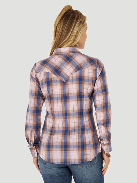 Wrangler 112317285 Womens Long Sleeve Retro Plaid Western Shirt Purple back view. If you need any assistance with this item or the purchase of this item please call us at five six one seven four eight eight eight zero one Monday through Saturday 10:00a.m EST to 8:00 p.m EST
