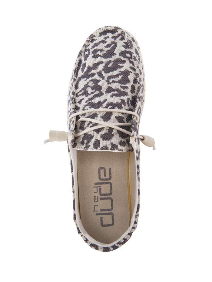 Hey Dude 121413091 Ladies Wendy Wooven Cheetah Grey front view and sole view. If you need any assistance with this item or the purchase of this item please call us at five six one seven four eight eight eight zero one Monday through Saturday 10:00a.m EST to 8:00 p.m EST