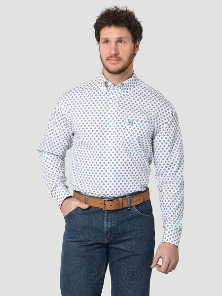 Wrangler 112314983 Mens George Strait Long Sleeve Printed Shirt Blue Fountain front view. If you need any assistance with this item or the purchase of this item please call us at five six one seven four eight eight eight zero one Monday through Saturday 10:00a.m EST to 8:00 p.m EST
