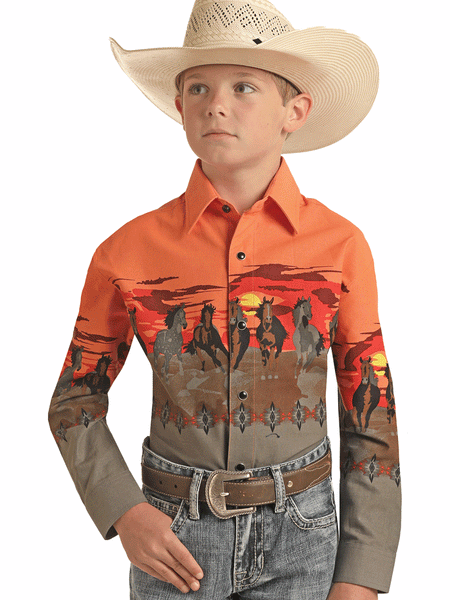Panhandle PHBSOSR0MV Kids Painted Horses Border Snap Shirt Charcoal front view