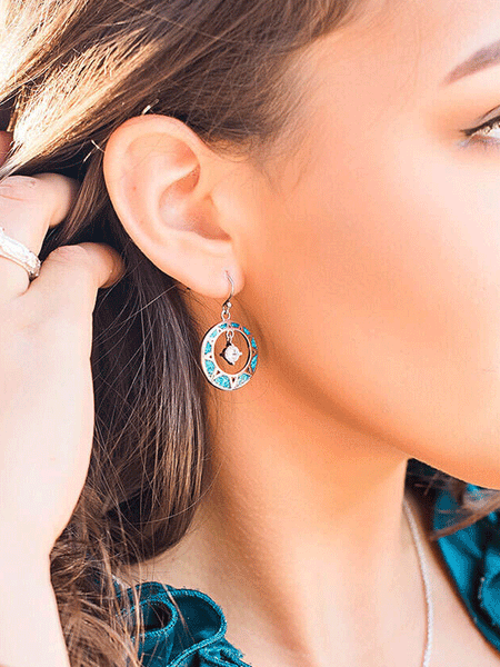 Montana Silversmiths ER4129 Womens Stay True Opal Earrings Silver on model. If you need any assistance with this item or the purchase of this item please call us at five six one seven four eight eight eight zero one Monday through Saturday 10:00a.m EST to 8:00 p.m EST