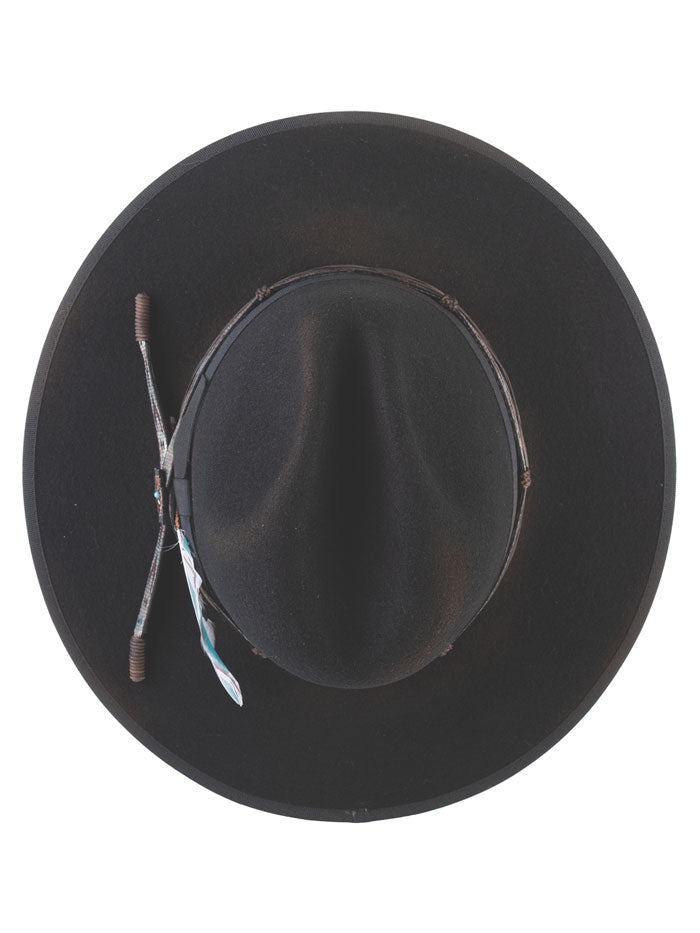 Bullhide ROOKUS JUICE 0847BL Premium Wool Felt Hat Distressed Black side and front view. If you need any assistance with this item or the purchase of this item please call us at five six one seven four eight eight eight zero one Monday through Saturday 10:00a.m EST to 8:00 p.m EST