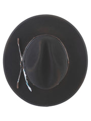 Bullhide ROOKUS JUICE 0847BL Premium Wool Felt Hat Distressed Black top view. If you need any assistance with this item or the purchase of this item please call us at five six one seven four eight eight eight zero one Monday through Saturday 10:00a.m EST to 8:00 p.m EST