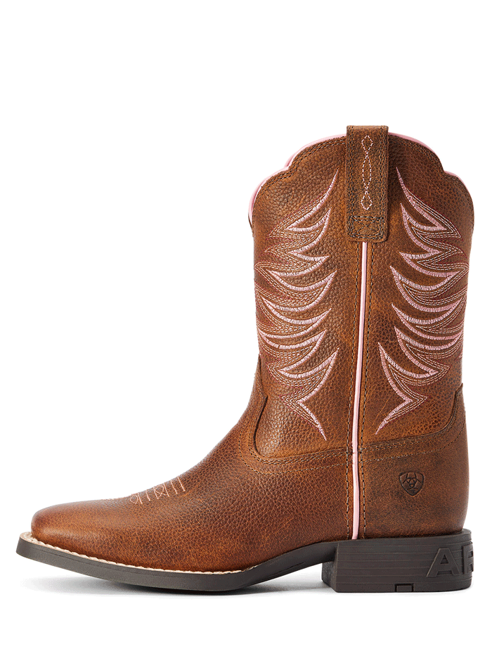Ariat 10042413 Kids Firecatcher Western Boot Rowdy Brown side and front view. If you need any assistance with this item or the purchase of this item please call us at five six one seven four eight eight eight zero one Monday through Saturday 10:00a.m EST to 8:00 p.m EST