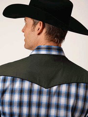 Roper 01-001-0024-0102 Mens Long Sleeve Plaid Western Shirt Blue back view. If you need any assistance with this item or the purchase of this item please call us at five six one seven four eight eight eight zero one Monday through Saturday 10:00a.m EST to 8:00 p.m EST
