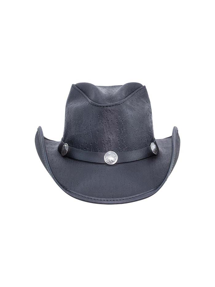 American Hat Makers CYCLONE Buffalo Band Leather Hat Black front and side view. If you need any assistance with this item or the purchase of this item please call us at five six one seven four eight eight eight zero one Monday through Saturday 10:00a.m EST to 8:00 p.m EST