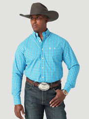 Wrangler 112317183 Mens George Strait Long Sleeve Plaid Shirt Tranquil Blue front view. If you need any assistance with this item or the purchase of this item please call us at five six one seven four eight eight eight zero one Monday through Saturday 10:00a.m EST to 8:00 p.m EST