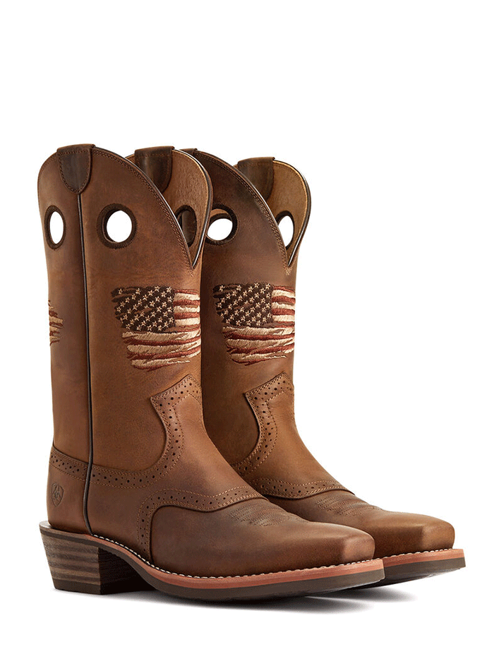 Ariat 10040348 Mens Roughstock Patriot Western Boot Distressed Brown front-side view. If you need any assistance with this item or the purchase of this item please call us at five six one seven four eight eight eight zero one Monday through Saturday 10:00a.m EST to 8:00 p.m EST