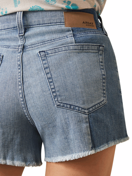 Ariat 10043204 Womens Jazmine Boyfriend Denim Short Blue Shades back close up. If you need any assistance with this item or the purchase of this item please call us at five six one seven four eight eight eight zero one Monday through Saturday 10:00a.m EST to 8:00 p.m EST