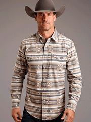 Stetson 11-001-0425-0380 Mens Aztec Print Western Shirt Brown front view on model. If you need any assistance with this item or the purchase of this item please call us at five six one seven four eight eight eight zero one Monday through Saturday 10:00a.m EST to 8:00 p.m EST