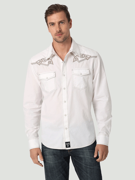 Wrangler 112326338 Mens Rock 47 Snap Long Sleeve Shirt White front view. If you need any assistance with this item or the purchase of this item please call us at five six one seven four eight eight eight zero one Monday through Saturday 10:00a.m EST to 8:00 p.m EST