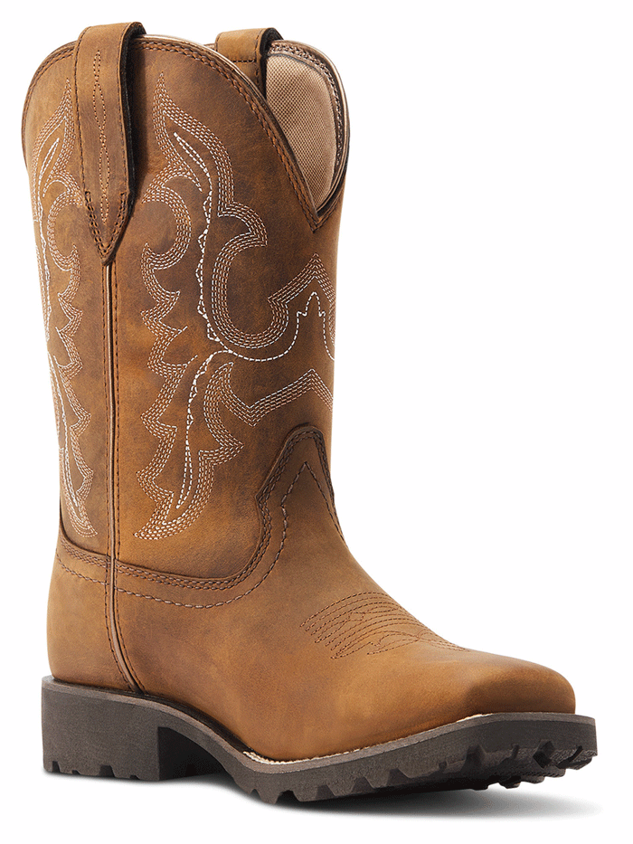 Ariat 10044437 Womens Unbridled Rancher H2O Oily Distressed Tan outter side and front view. If you need any assistance with this item or the purchase of this item please call us at five six one seven four eight eight eight zero one Monday through Saturday 10:00a.m EST to 8:00 p.m EST