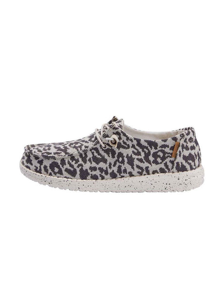 Hey Dude 121413091 Ladies Wendy Wooven Cheetah Grey side view. If you need any assistance with this item or the purchase of this item please call us at five six one seven four eight eight eight zero one Monday through Saturday 10:00a.m EST to 8:00 p.m EST