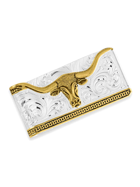 Montana Silversmiths MCL5235 Two-Tone Carved Longhorn Money Clip Silver front view. If you need any assistance with this item or the purchase of this item please call us at five six one seven four eight eight eight zero one Monday through Saturday 10:00a.m EST to 8:00 p.m EST