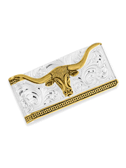 Montana Silversmiths MCL5235 Two-Tone Carved Longhorn Money Clip Silver front view. If you need any assistance with this item or the purchase of this item please call us at five six one seven four eight eight eight zero one Monday through Saturday 10:00a.m EST to 8:00 p.m EST