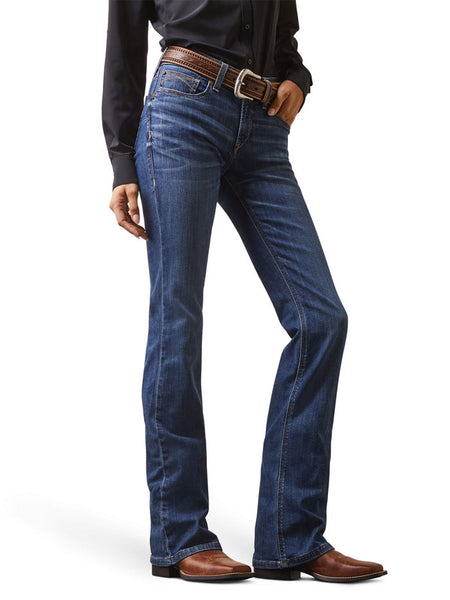 Ariat 10043146 Womens REAL Perfect Rise Leila Boot Cut Jean Irvine front and side view. If you need any assistance with this item or the purchase of this item please call us at five six one seven four eight eight eight zero one Monday through Saturday 10:00a.m EST to 8:00 p.m EST