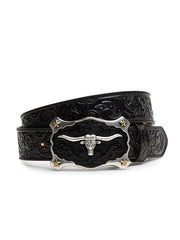 Justin C11193 Mens Classic Longhorn Leather Belt Black front view. If you need any assistance with this item or the purchase of this item please call us at five six one seven four eight eight eight zero one Monday through Saturday 10:00a.m EST to 8:00 p.m EST