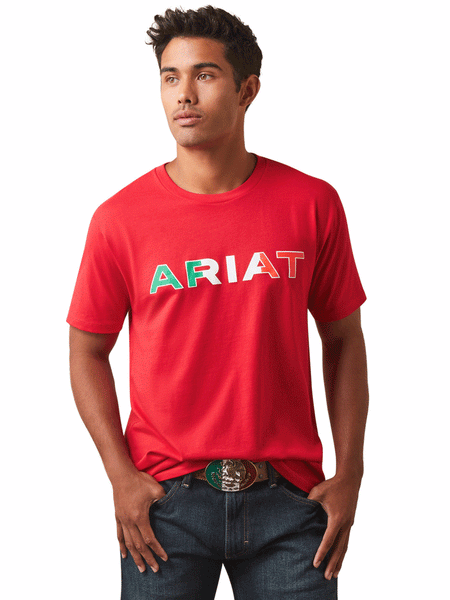 Ariat 10043068 Mens Viva Mexico Short Sleeve Tee Red front view. If you need any assistance with this item or the purchase of this item please call us at five six one seven four eight eight eight zero one Monday through Saturday 10:00a.m EST to 8:00 p.m EST