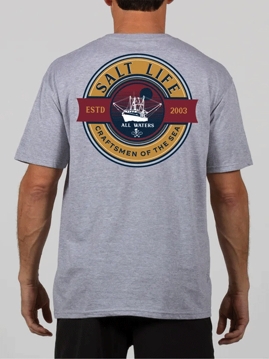 Salt Life SLM10960 Mens All Waters Short Sleeve Tee Athletic Heather back view. If you need any assistance with this item or the purchase of this item please call us at five six one seven four eight eight eight zero one Monday through Saturday 10:00a.m EST to 8:00 p.m EST