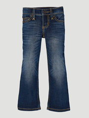 Wrangler 09MWGMS Girls Premium Patch Boot Cut Jean Medium Blue front view. If you need any assistance with this item or the purchase of this item please call us at five six one seven four eight eight eight zero one Monday through Saturday 10:00a.m EST to 8:00 p.m EST