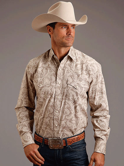 Stetson 11-001-0425-0375 Mens Khaki Plume Paisley Western Shirt Brown front view. If you need any assistance with this item or the purchase of this item please call us at five six one seven four eight eight eight zero one Monday through Saturday 10:00a.m EST to 8:00 p.m EST