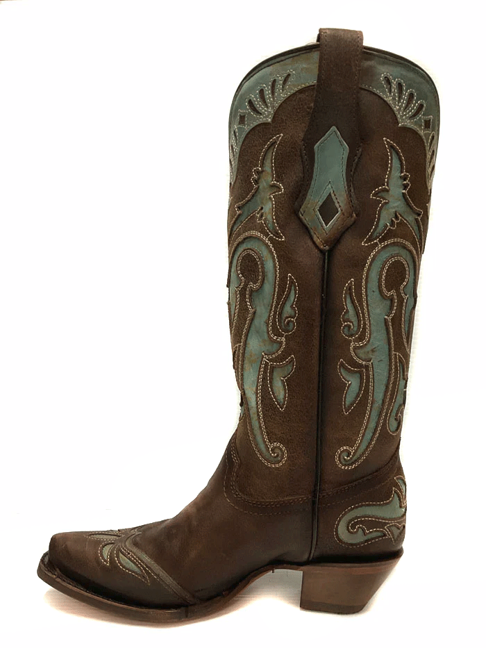 Corral C3925 Ladies Inlay & Embroidery Wing Tip Western Boot Brown front and side view. If you need any assistance with this item or the purchase of this item please call us at five six one seven four eight eight eight zero one Monday through Saturday 10:00a.m EST to 8:00 p.m EST