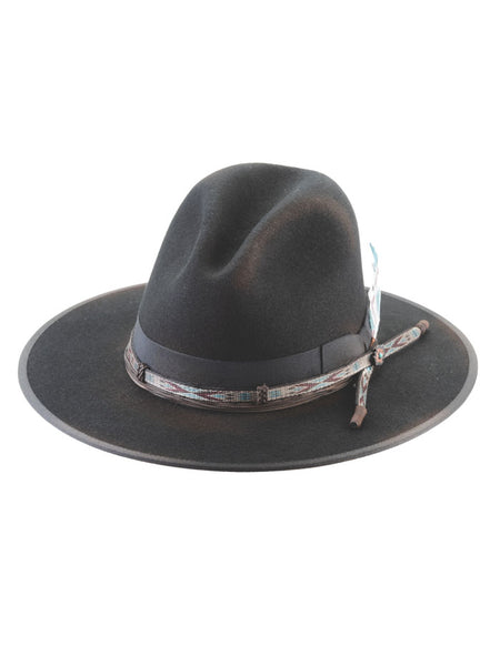 Bullhide ROOKUS JUICE 0847BL Premium Wool Felt Hat Distressed Black side and front view. If you need any assistance with this item or the purchase of this item please call us at five six one seven four eight eight eight zero one Monday through Saturday 10:00a.m EST to 8:00 p.m EST