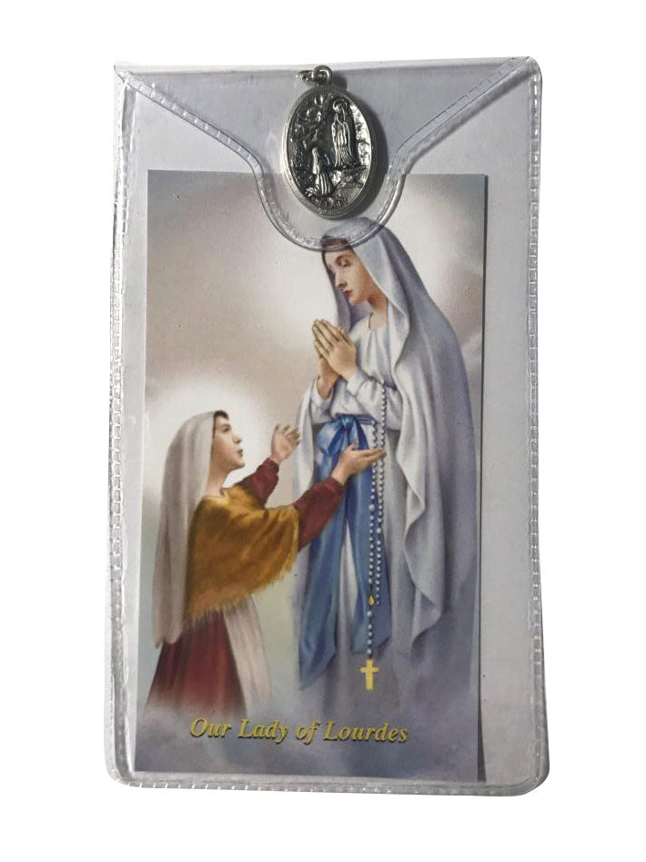 Prayer To Our Lady Of Lourdes Holy Card with Medal front and back
