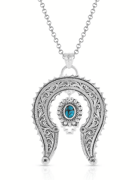 Montana Silversmiths NC5239 Womens Blue Spring Turquoise Squash Blossom Necklace Silver front view. If you need any assistance with this item or the purchase of this item please call us at five six one seven four eight eight eight zero one Monday through Saturday 10:00a.m EST to 8:00 p.m EST