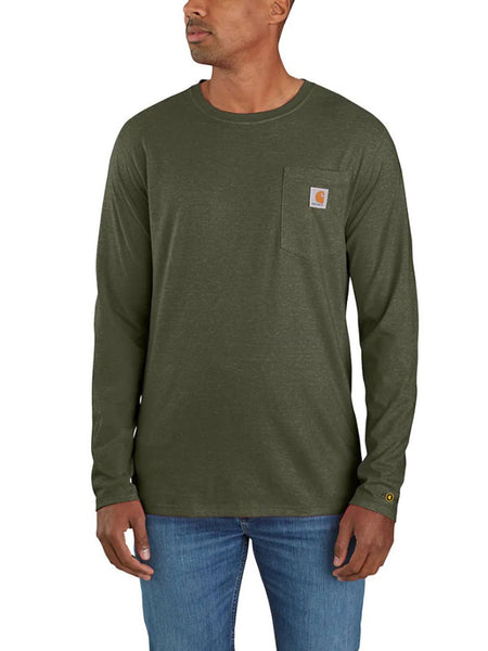 Carhartt 104617-G73 Mens Force Relaxed Fit Midweight Long-Sleeve T-Shirt Basil Heather front view. If you need any assistance with this item or the purchase of this item please call us at five six one seven four eight eight eight zero one Monday through Saturday 10:00a.m EST to 8:00 p.m EST