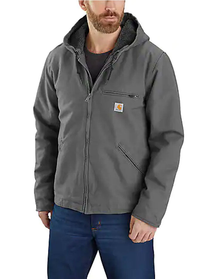 Carhartt 104392-GVL Mens Washed Duck Sherpa Lined Jacket Gravel front view. If you need any assistance with this item or the purchase of this item please call us at five six one seven four eight eight eight zero one Monday through Saturday 10:00a.m EST to 8:00 p.m EST