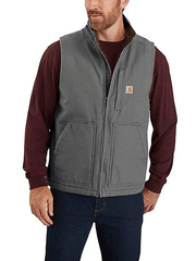 Carhartt 104277-GVL Mens Loose Fit Washed Duck Sherpa Lined Mock Neck Vest Gravel front view on model. If you need any assistance with this item or the purchase of this item please call us at five six one seven four eight eight eight zero one Monday through Saturday 10:00a.m EST to 8:00 p.m EST