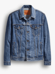 Levis 723340130 Mens Denim Trucker Jacket Medium Wash front view. If you need any assistance with this item or the purchase of this item please call us at five six one seven four eight eight eight zero one Monday through Saturday 10:00a.m EST to 8:00 p.m EST