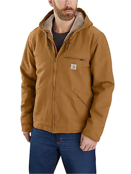 Carhartt 104392-BRN Mens Washed Duck Sherpa Lined Jacket Brown front view. If you need any assistance with this item or the purchase of this item please call us at five six one seven four eight eight eight zero one Monday through Saturday 10:00a.m EST to 8:00 p.m EST