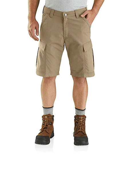 Carhartt 103543-253 Mens Force Relaxed Fit Ripstop Cargo Work Short Dark Khaki front view on model. If you need any assistance with this item or the purchase of this item please call us at five six one seven four eight eight eight zero one Monday through Saturday 10:00a.m EST to 8:00 p.m EST