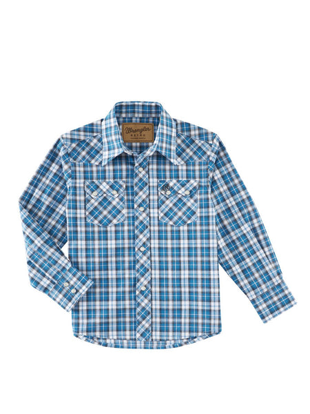Wrangler 112318762 Kids Long Sleeve Retro Western Shirt Blue front view. If you need any assistance with this item or the purchase of this item please call us at five six one seven four eight eight eight zero one Monday through Saturday 10:00a.m EST to 8:00 p.m EST