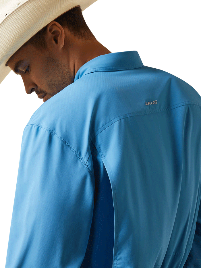 Ariat 10043422 Mens VentTEK Outbound Classic Fit Long Sleeve Shirt Cendre Blue front view. If you need any assistance with this item or the purchase of this item please call us at five six one seven four eight eight eight zero one Monday through Saturday 10:00a.m EST to 8:00 p.m EST