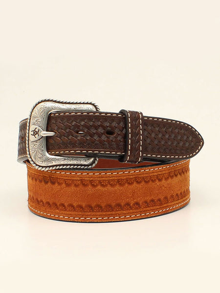 Ariat A1039308 Mens Basketweave Tabs Leather Belt Tan front view. If you need any assistance with this item or the purchase of this item please call us at five six one seven four eight eight eight zero one Monday through Saturday 10:00a.m EST to 8:00 p.m EST