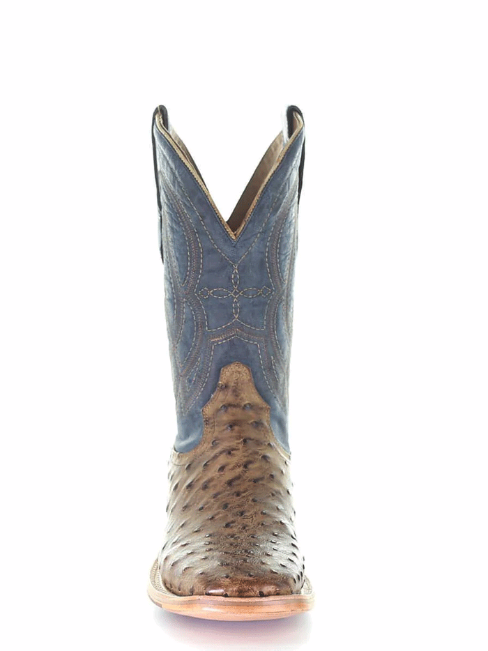 Corral A4052 Mens Ostrich Embroidery Square Toe Western Boot Navy And Orix front and side view. If you need any assistance with this item or the purchase of this item please call us at five six one seven four eight eight eight zero one Monday through Saturday 10:00a.m EST to 8:00 p.m EST