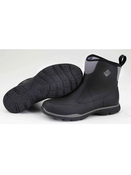 Muck FRMC-000 Men's Excursion Pro Mid Boot Black/Gunmetal side and sole view.If you need any assistance with this item or the purchase of this item please call us at five six one seven four eight eight eight zero one Monday through Saturday 10:00a.m EST to 8:00 p.m EST