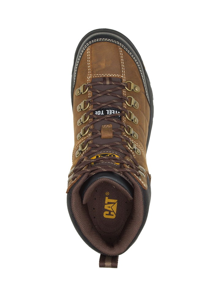 Caterpillar P90935 Mens Threshold Waterproof Steel Toe Work Boot Real Brown front-side view. If you need any assistance with this item or the purchase of this item please call us at five six one seven four eight eight eight zero one Monday through Saturday 10:00a.m EST to 8:00 p.m EST