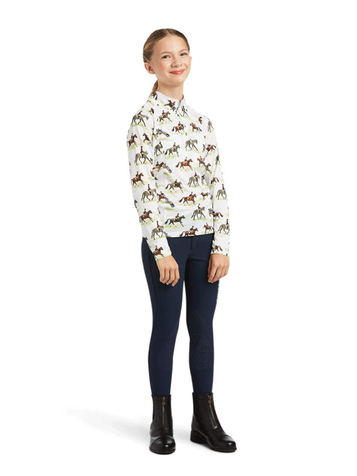 Ariat 10039343 Kids Sunstopper Baselayer Good Show Print front view. If you need any assistance with this item or the purchase of this item please call us at five six one seven four eight eight eight zero one Monday through Saturday 10:00a.m EST to 8:00 p.m EST