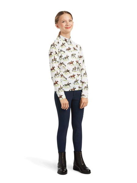 Ariat 10039343 Kids Sunstopper Baselayer Good Show Print alt front view. If you need any assistance with this item or the purchase of this item please call us at five six one seven four eight eight eight zero one Monday through Saturday 10:00a.m EST to 8:00 p.m EST