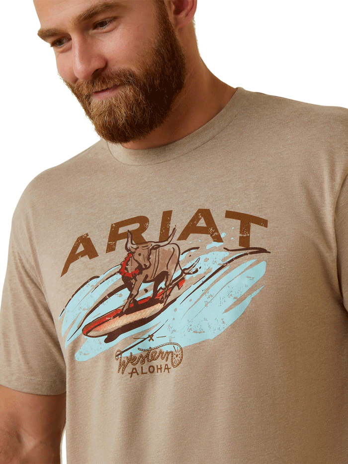 Ariat 10044012 Mens Surf And Turf Western Aloha T-Shirt Oatmeal Heather front view. If you need any assistance with this item or the purchase of this item please call us at five six one seven four eight eight eight zero one Monday through Saturday 10:00a.m EST to 8:00 p.m EST