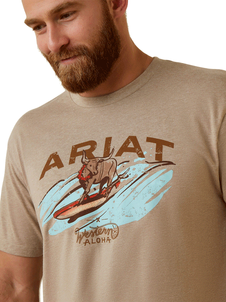 Ariat 10044012 Mens Surf And Turf Western Aloha T-Shirt Oatmeal Heather front close up. If you need any assistance with this item or the purchase of this item please call us at five six one seven four eight eight eight zero one Monday through Saturday 10:00a.m EST to 8:00 p.m EST