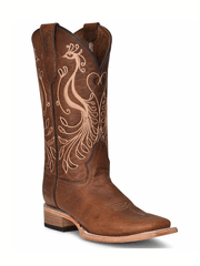 Circle G L5777 Ladies Peacock Embroidery Square Toe Boots Brown front and side view. If you need any assistance with this item or the purchase of this item please call us at five six one seven four eight eight eight zero one Monday through Saturday 10:00a.m EST to 8:00 p.m EST
